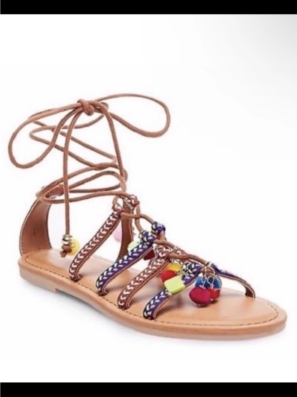 Big Buddha Pom Pom Lace-Up Beaded Gladiator Sandal Women  Flat Summer Size 7